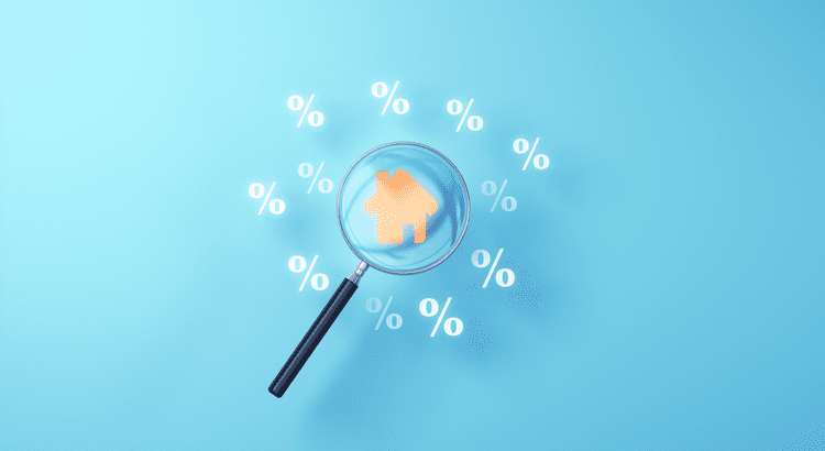 Magnifying glass over a house icon with percentage signs around it